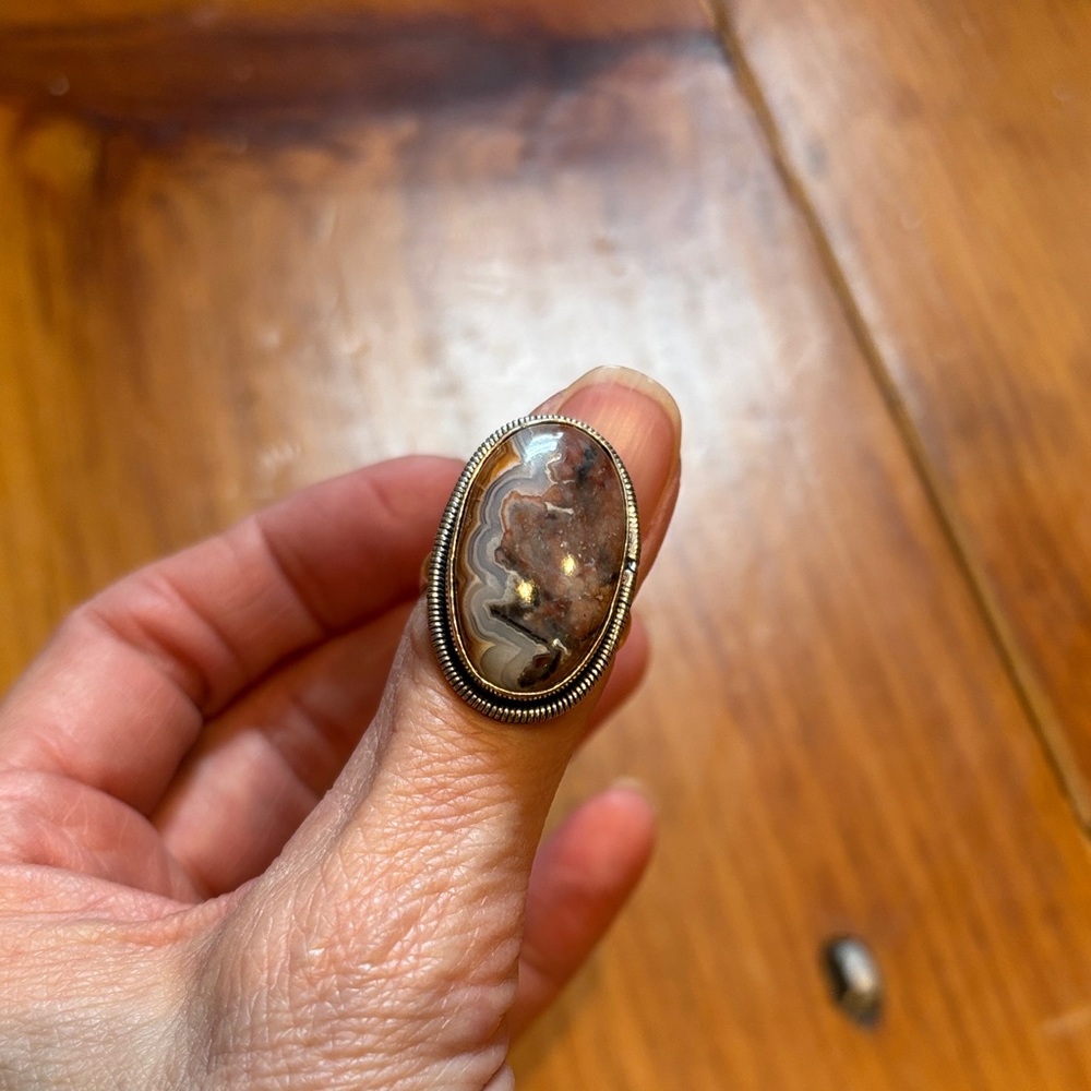 AGATE 1" Long Ring Crazy Lace Sterling Silver 925